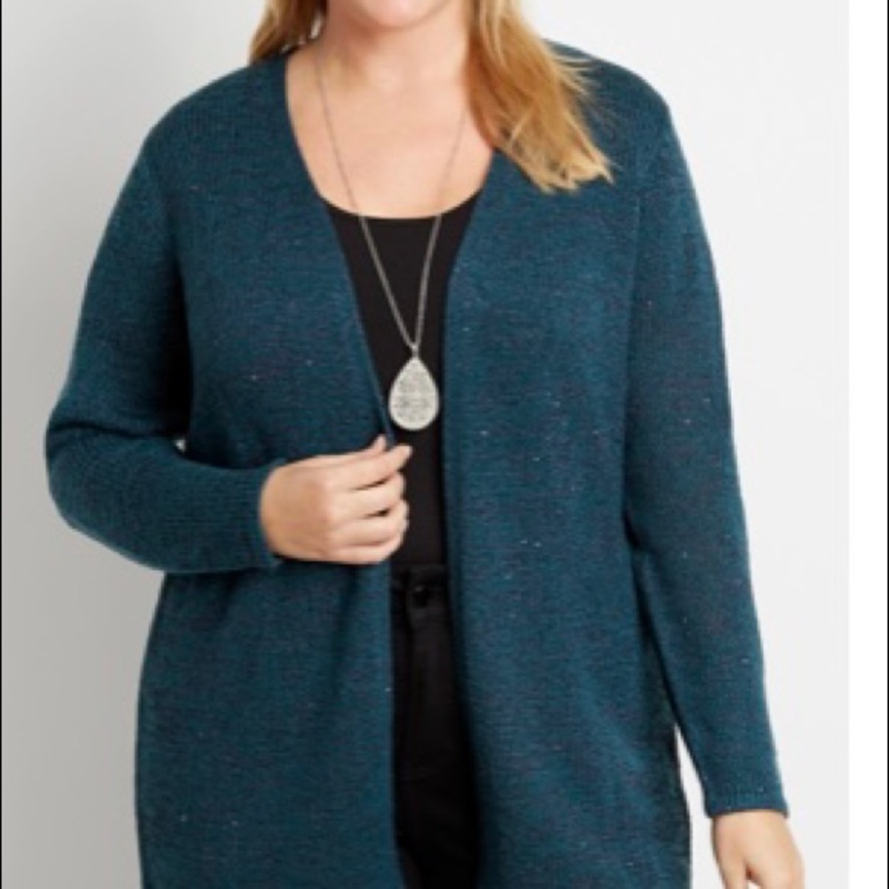 Maurices Solid Sequin Open Front Green Cardigan Holiday 2X